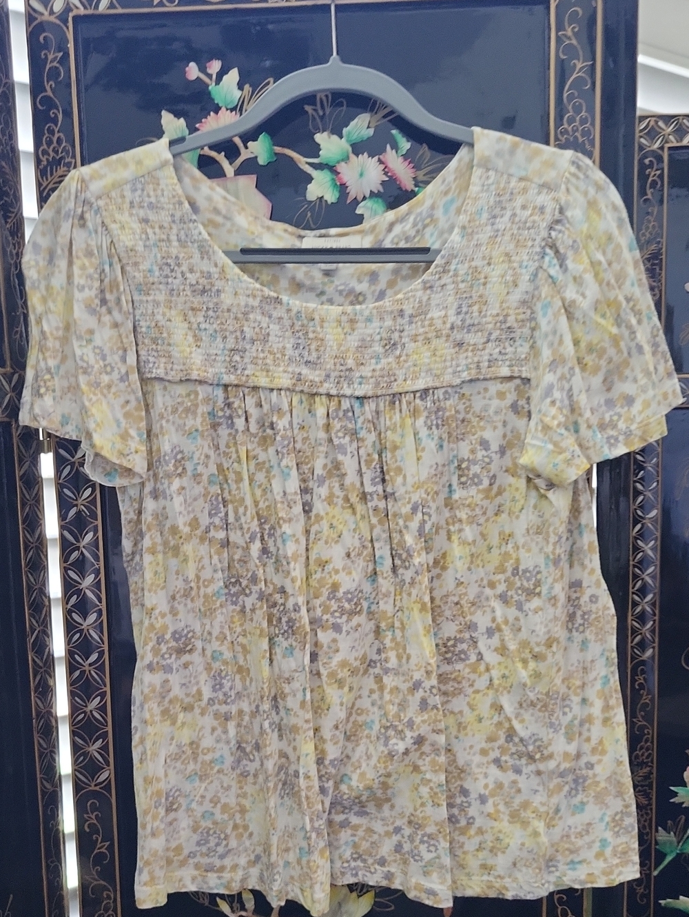 Lucky Brand Yellow Floral Smocked Yoke Short-Sleeve Blouse